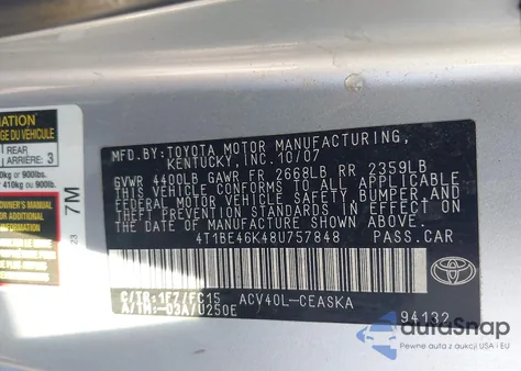 2008 Toyota Camry Se из США, поврежденный, VIN 4T1BE46K48U757848